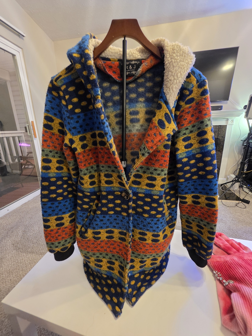 R&J Colorful Boho Hooded Cardigan Sherpa Lined Jacket M
